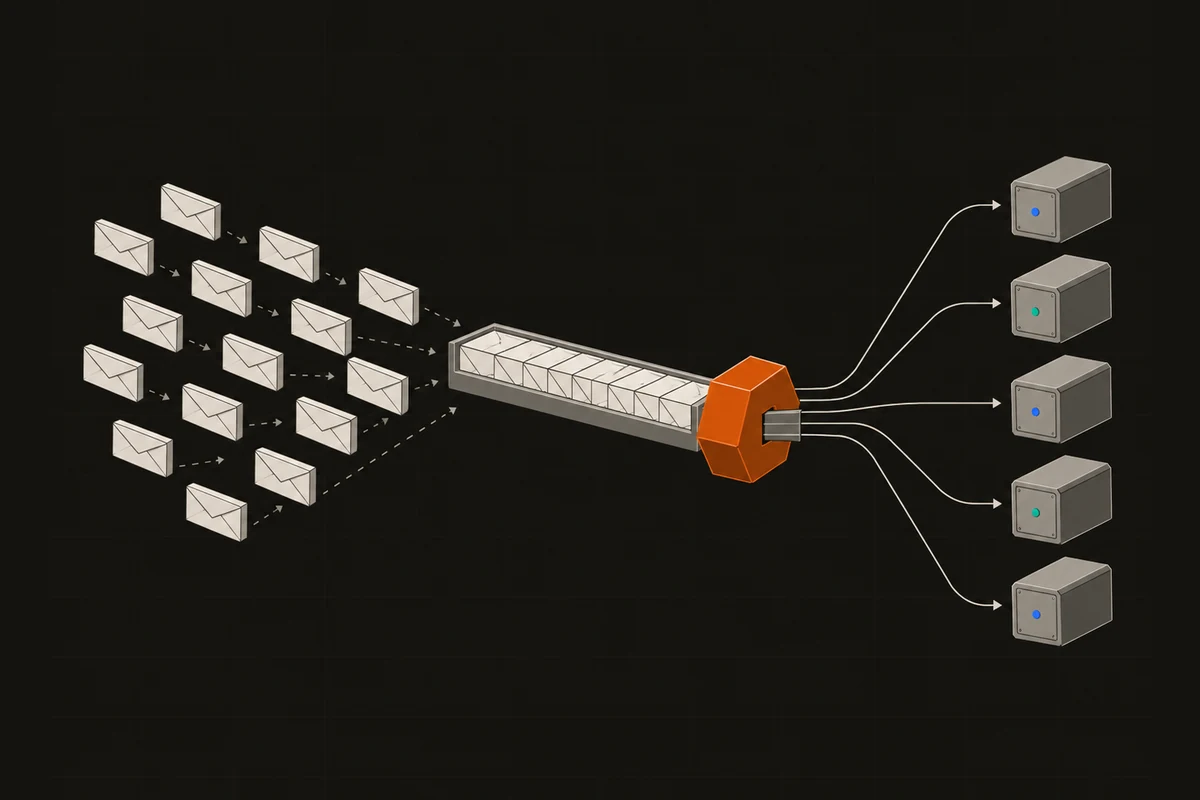 Illustration: many small signed operations are packed into one bundle, which passes through a single shared contract (orange) and fans out to separate smart accounts.